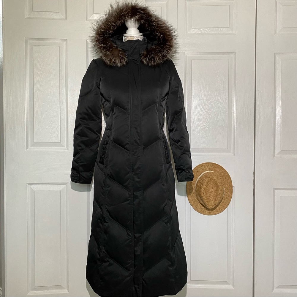 Long Black Women's Down Coat with Faux Fur Trim Hood